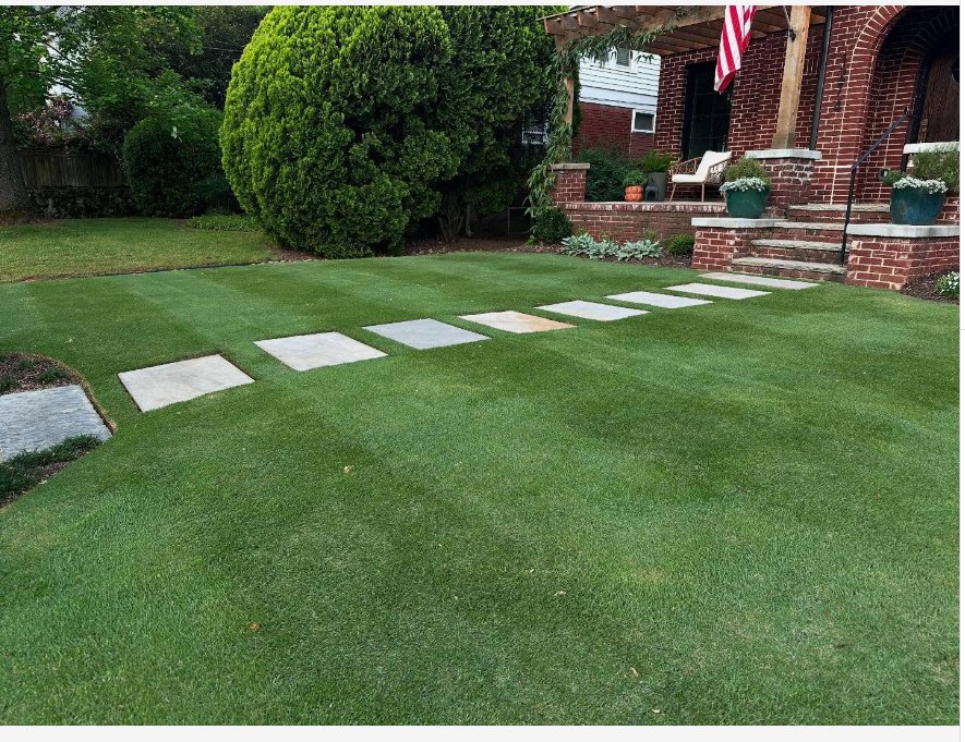 A healthy soil-first lawn with stone pavers in Atlanta